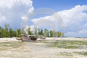 Nice fishing wooden boats moored on the beach