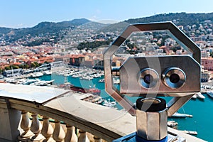 Nice, France - 16.09.16: binoculars on top with a view of Promenade des Anglais, one of the most beautiful embankments of Europe