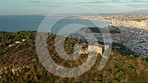 Nice in France aerial 4K orbital shot. Sunrise over Mont Boron.