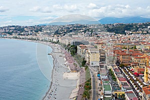 Nice, France Aerial view on beach and buildings in old town and city. French Riviera