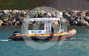 Nice , France - 5 august 2017 : outdoor river coffeshop and bar on boat , to sell drinks on the beaches directly from