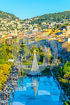 NICE, FRANCE, DECEMBER 28, 2017: Aerial view of Massena square in Nice during Christmas, France