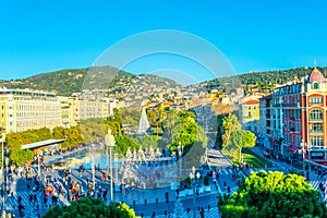NICE, FRANCE, DECEMBER 28, 2017: Aerial view of Massena square in Nice during Christmas, France