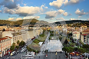 NICE, FRANCE - DECEMBER 14 2018: Aerial view of Place Massena square, La promenade du Paillon park