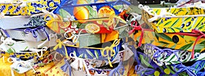 Baskets in typical Provence fabrics at a market in Nice, French Riviera, France