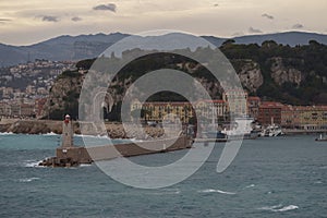 Nice, France - March 8 2023: View of the harbour of city of Nice, France from Mont Boron hill