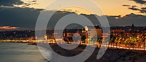 Nice, France: night view of old town, Promenade des Anglais