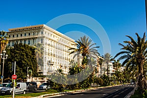 Nice, France - 2019. Promenade des Anglais, with palm trees seven kilometers along the coast a place of rest walking and sport by