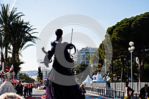 Nice, France, 25th of February 2020: Carnaval de Nice carnival parade. King of Fashion 2020