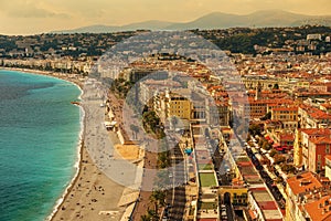 Nice, France: top view of old town andPromenade des Anglais