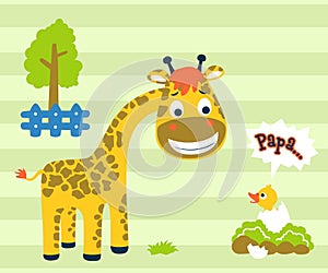 Nice giraffe cartoon with baby duck