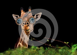 Nice giraffe with glasses and the oxpeckers (Bufhagus Erythrorynchus)