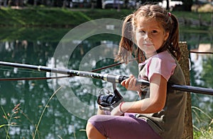 Nice girl with the fishing rod on the shores of lake fishing 3