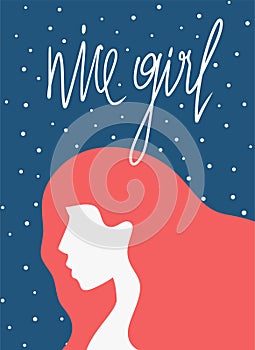 Nice girl lettering and girl with beautiful hair in minimalistic style, poster card for valentines day or women day