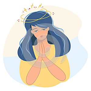 Nice girl is praying. Sad suffering woman. Pray for Ukraine. Vector isolated illustration, banner. Woe. Sorrow