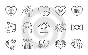 Nice girl, Romantic gift and Friends community icons set. Hearts, Hold heart and Love music signs. Vector