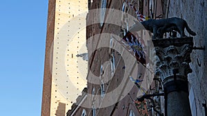 A nice glimpse of the Palazzo Pubblico and the Torre del Mangia in the city center of Siena, Italy.