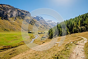 Nice hiking trail in the gorgeous Fex Valley Engadin, Switzerland