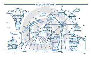 Nice horizontal banner of amusement park. Circus, ferris wheel, attractions, side view with aerostat in air. Monochrome