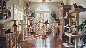 a nice house adorned with multiple cat trees, each occupied by contented felines lounging and playing amidst the