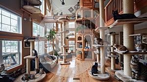 a nice house adorned with multiple cat trees, each occupied by contented felines lounging and playing amidst the