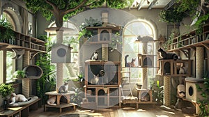 a nice house adorned with multiple cat trees, each occupied by contented felines lounging and playing amidst the