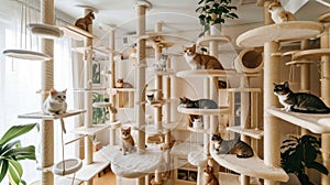 a nice house adorned with multiple cat trees, each occupied by contented felines lounging and playing amidst the