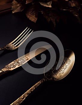 Nice image with spoon, knife, fork and golden accessory on the table