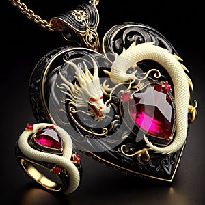 Nice jewelry in the shape of dragon with precious ivory, stones, gold and platinum generated by artificial intelligence