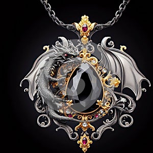 Nice jewelry in the shape of dragon with precious stones, gold and platinum generated by artificial intelligence