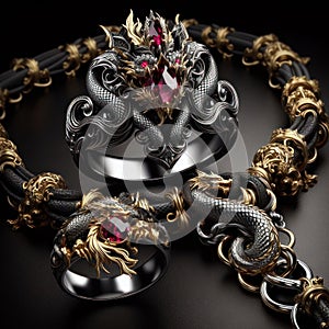 Nice jewelry in the shape of dragon with precious stones, gold and platinum generated by artificial intelligence