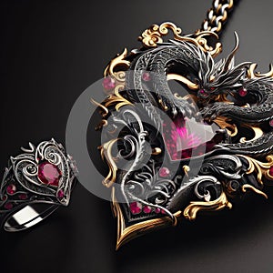 Nice jewelry in the shape of dragon with precious stones, gold and platinum generated by artificial intelligence