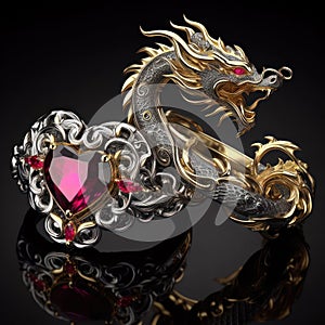 Nice jewelry in the shape of dragon with precious stones, gold and platinum generated by artificial intelligence