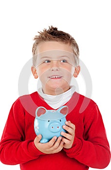 Nice kid with blue moneybox