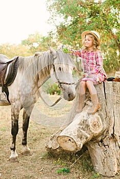 A nice little girl with light curly hair in a vintage plaid dress and a straw hat and a gray horse