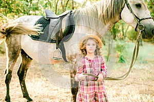 A nice little girl with light curly hair in a vintage plaid dress and a straw hat and a gray horse