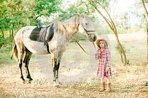 A nice little girl with light curly hair in a vintage plaid dress and a straw hat and a gray horse