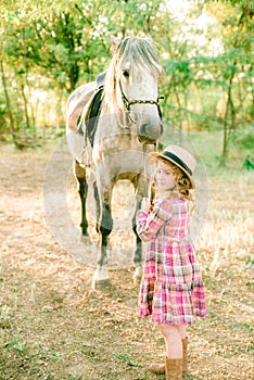 A nice little girl with light curly hair in a vintage plaid dress and a straw hat and a gray horse