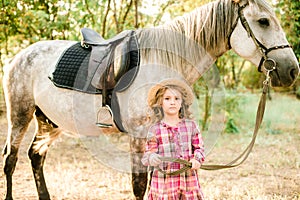 A nice little girl with light curly hair in a vintage plaid dress and a straw hat and a gray horse. Horses a