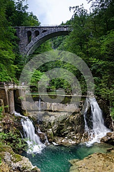 ÃÂ um waterfall on Radovna river in Vintgar gorge , Slovenia photo