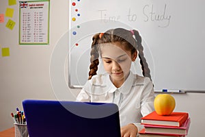 Nice-looking cheerful young schoolgirl doing classwork using laptop in classroom