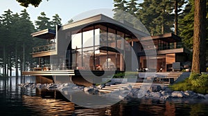 Nice modern house near lake generated by AI tool.