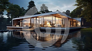 Nice modern house near lake generated by AI tool.