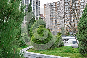 Nice modern leisure city park with benchs surrounded high-rise building.