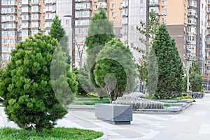 Nice modern leisure city park with benchs surrounded high-rise building.