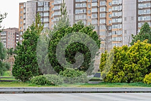 Nice modern leisure city park with benchs surrounded high-rise building.