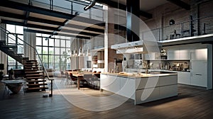 nice modern loft, view of the kitchen generated by AI tool.