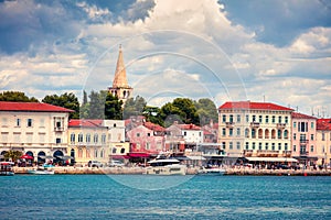 Nice morning cityscape of popular summer resort Porec. Colorful spring seascape of Adriatic Sea. Great  scene of Istrian Peninsula