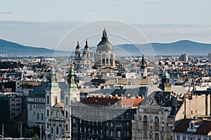 Nice morning view of St. Stephen's cathedral and Inner City Parish Church (Belvaros Church) from Gellert hill viewpoint, Budapest