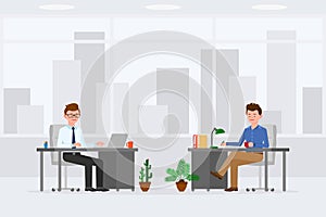 Nice office worker men colleagues vector. Side view writing notes, sitting at desk, typing on computer boy, guy cartoon character